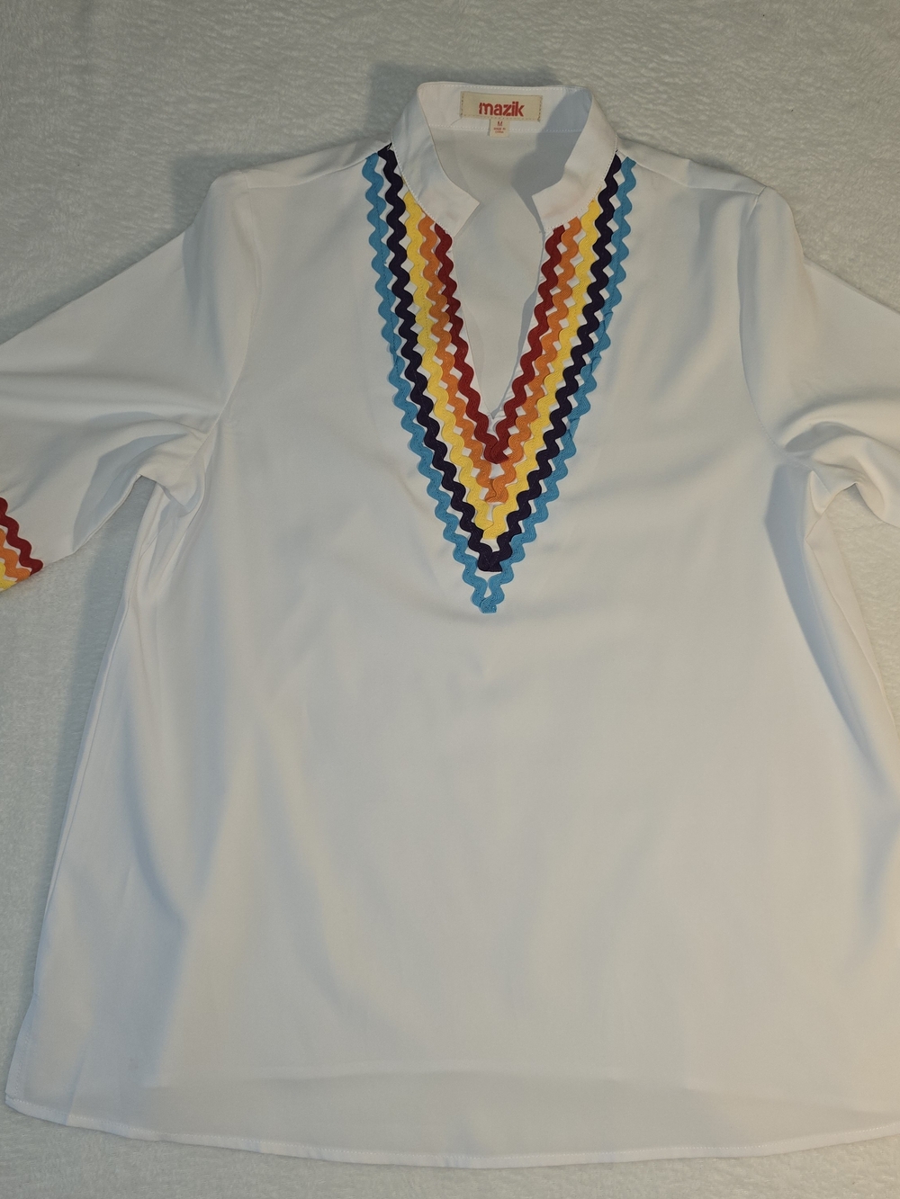 Vintage Mazik Women’s White Rickrack Trim Tunic Top Size M Resort Rainbow Boho